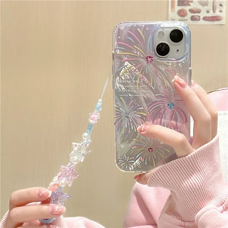 For iPhone 13 TPU Case Pattern Rhinestones Decor Aesthetics Phone Cover with Wrist Strap