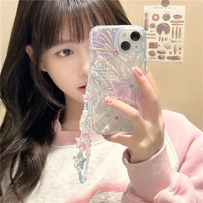 For iPhone 13 TPU Case Pattern Rhinestones Decor Aesthetics Phone Cover with Wrist Strap