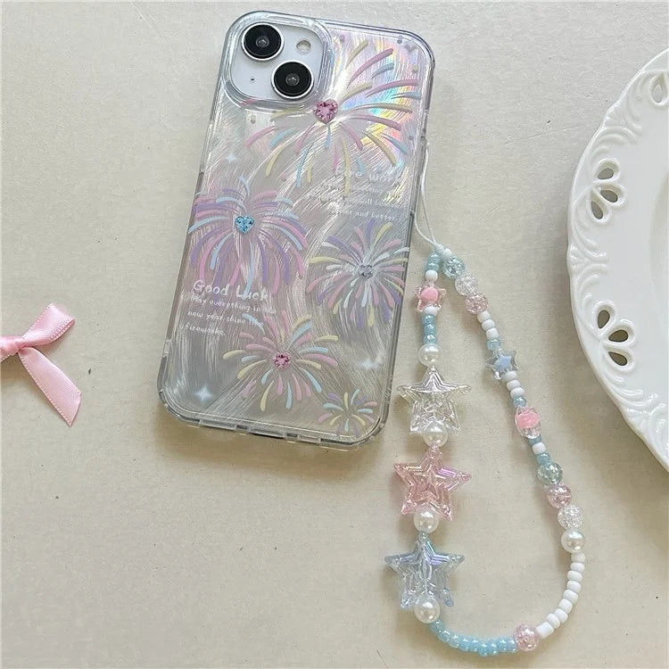 For iPhone 13 TPU Case Pattern Rhinestones Decor Aesthetics Phone Cover with Wrist Strap