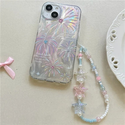 For iPhone 13 TPU Case Pattern Rhinestones Decor Aesthetics Phone Cover with Wrist Strap