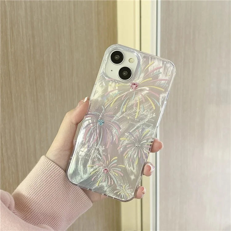For iPhone 13 TPU Case Pattern Rhinestones Decor Aesthetics Phone Cover with Wrist Strap