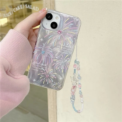 For iPhone 13 TPU Case Pattern Rhinestones Decor Aesthetics Phone Cover with Wrist Strap