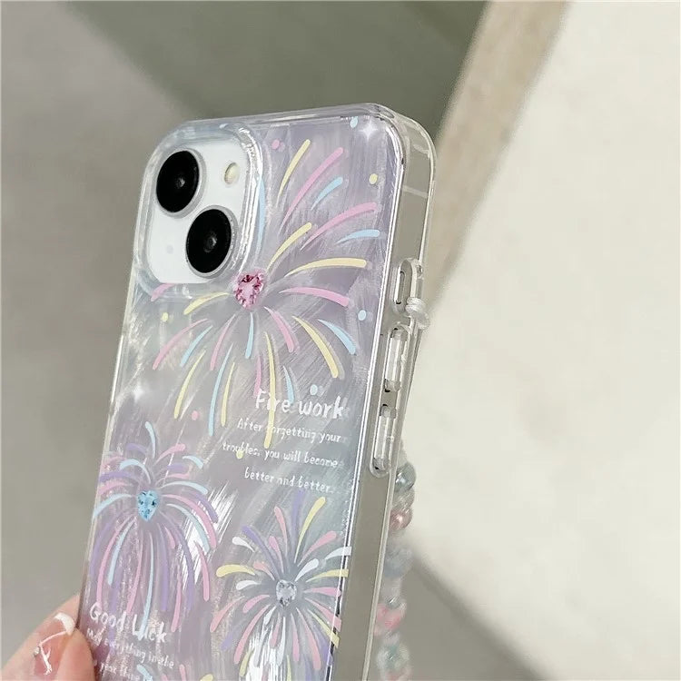 For iPhone 13 TPU Case Pattern Rhinestones Decor Aesthetics Phone Cover with Wrist Strap