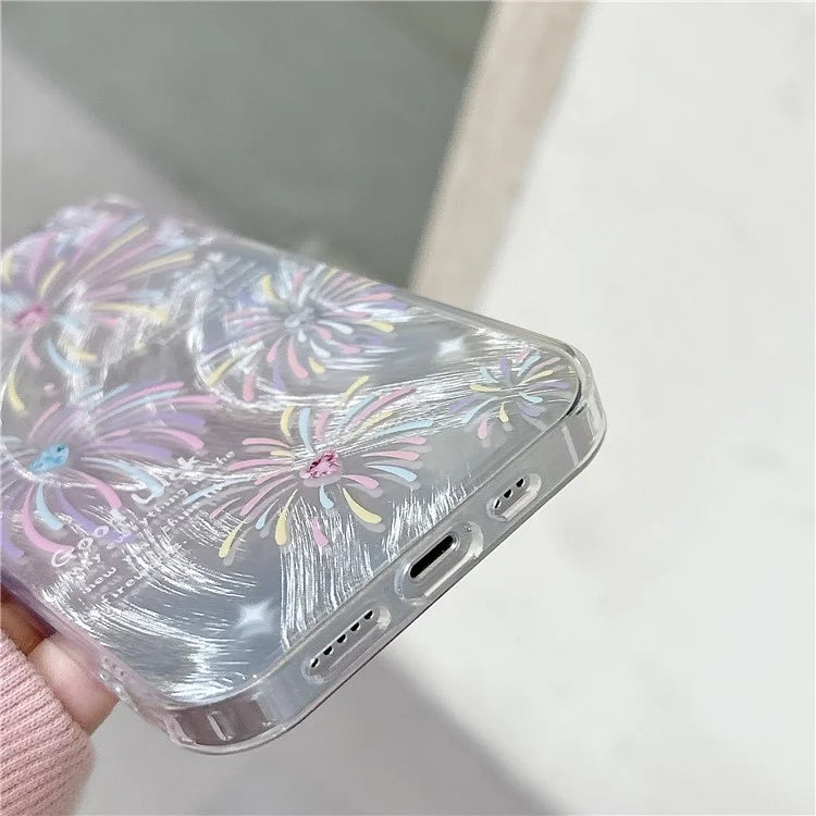 For iPhone 13 TPU Case Pattern Rhinestones Decor Aesthetics Phone Cover with Wrist Strap