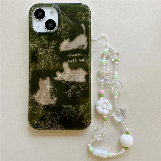 For iPhone 13 TPU Case Cartoon Cat Pattern Phone Cover with Charm Hand Strap
