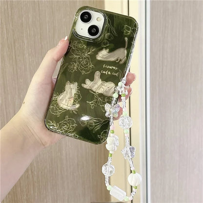 For iPhone 13 TPU Case Cartoon Cat Pattern Phone Cover with Charm Hand Strap