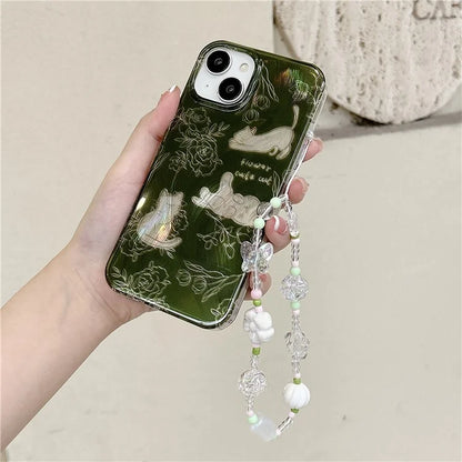 For iPhone 13 TPU Case Cartoon Cat Pattern Phone Cover with Charm Hand Strap