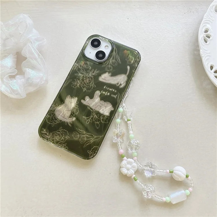 For iPhone 13 TPU Case Cartoon Cat Pattern Phone Cover with Charm Hand Strap