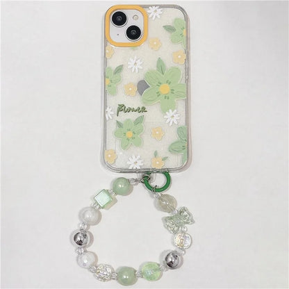 For iPhone 15 TPU Case Green Flower Pattern Glitter Phone Cover with Chain Strap