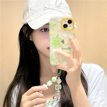 For iPhone 15 TPU Case Green Flower Pattern Glitter Phone Cover with Chain Strap