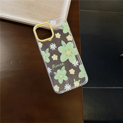 For iPhone 15 TPU Case Green Flower Pattern Glitter Phone Cover with Chain Strap