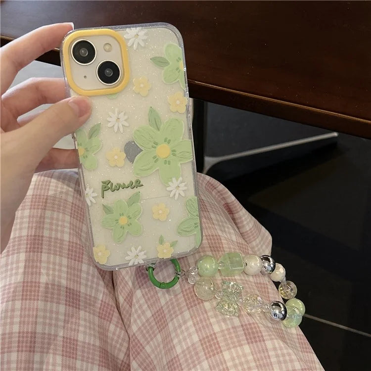 For iPhone 15 TPU Case Green Flower Pattern Glitter Phone Cover with Chain Strap