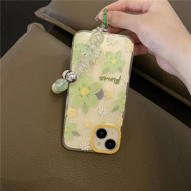 For iPhone 15 TPU Case Green Flower Pattern Glitter Phone Cover with Chain Strap