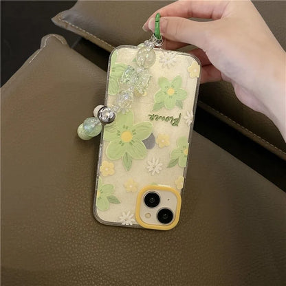 For iPhone 15 TPU Case Green Flower Pattern Glitter Phone Cover with Chain Strap