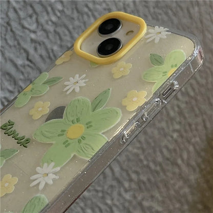 For iPhone 15 TPU Case Green Flower Pattern Glitter Phone Cover with Chain Strap