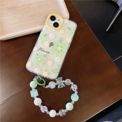For iPhone 13 Case Glitter TPU Green Flower Aesthetic Design Phone Cover with Chain Strap
