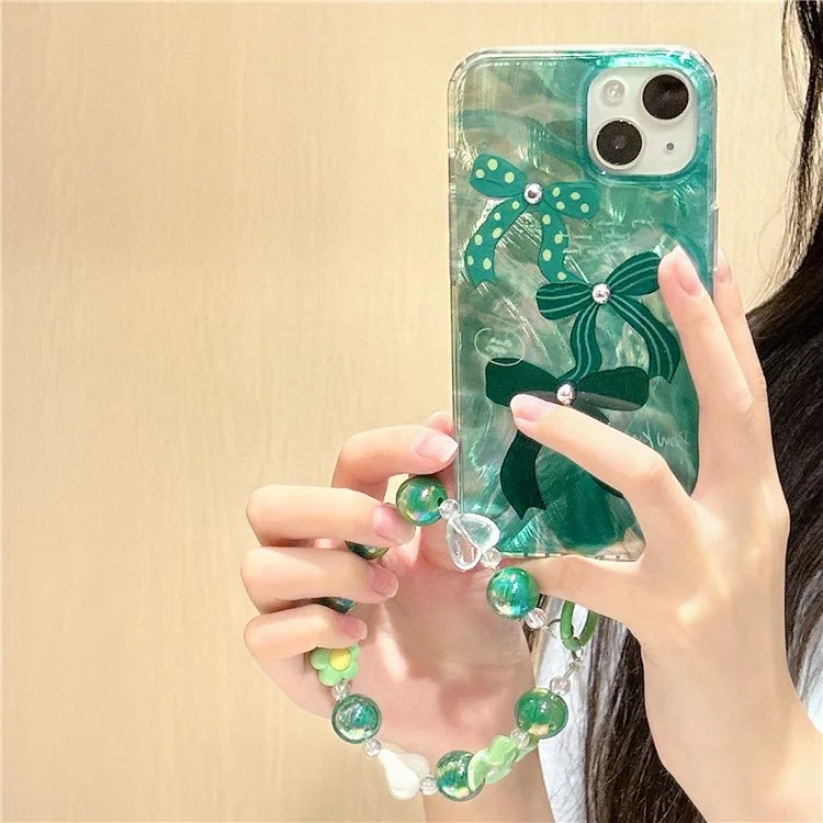 For iPhone 15 Case with Hand Strap Pattern Printing Laser Effect Soft TPU Phone Shell