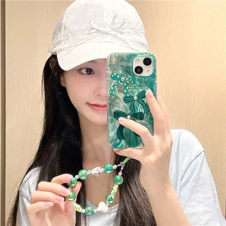 For iPhone 15 Case with Hand Strap Pattern Printing Laser Effect Soft TPU Phone Shell