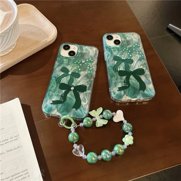 For iPhone 15 Case with Hand Strap Pattern Printing Laser Effect Soft TPU Phone Shell