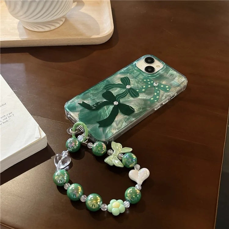 For iPhone 15 Case with Hand Strap Pattern Printing Laser Effect Soft TPU Phone Shell