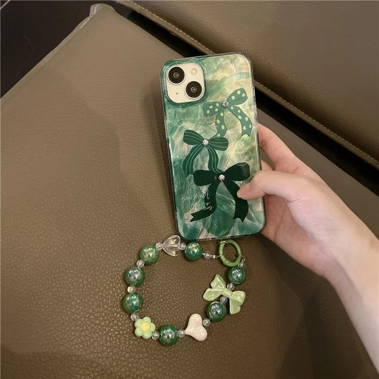 For iPhone 15 Case with Hand Strap Pattern Printing Laser Effect Soft TPU Phone Shell