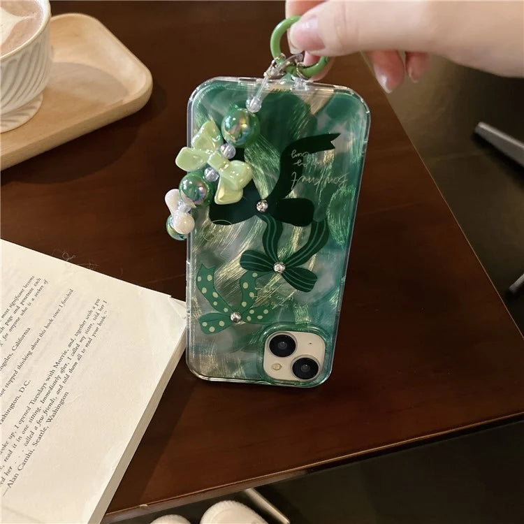 For iPhone 15 Case with Hand Strap Pattern Printing Laser Effect Soft TPU Phone Shell