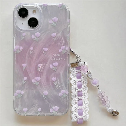 For iPhone 15 Case with Hand Strap Pattern Printing Laser Effect Soft TPU Phone Shell