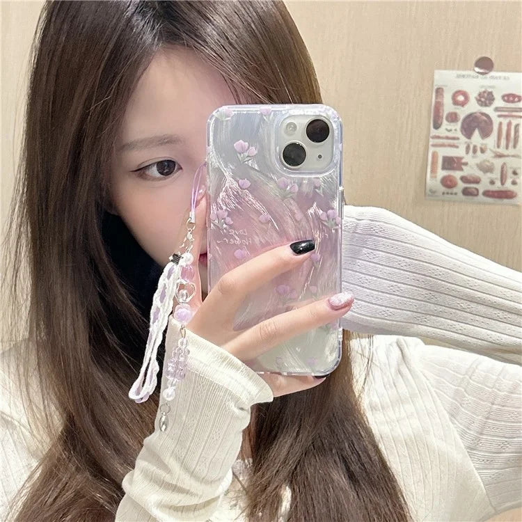 For iPhone 15 Case with Hand Strap Pattern Printing Laser Effect Soft TPU Phone Shell