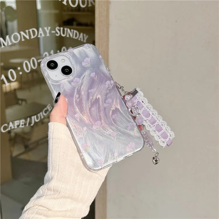 For iPhone 15 Case with Hand Strap Pattern Printing Laser Effect Soft TPU Phone Shell