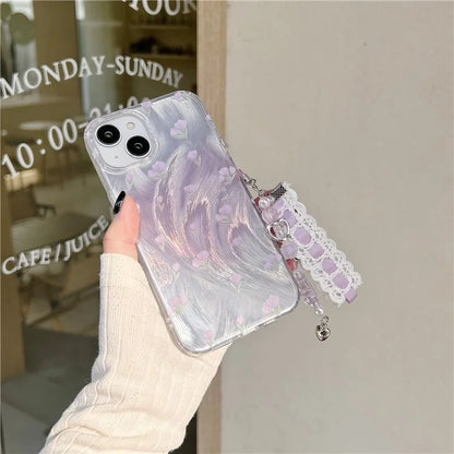 For iPhone 15 Case with Hand Strap Pattern Printing Laser Effect Soft TPU Phone Shell