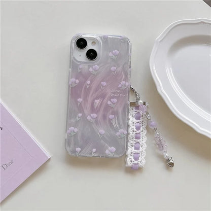 For iPhone 15 Case with Hand Strap Pattern Printing Laser Effect Soft TPU Phone Shell