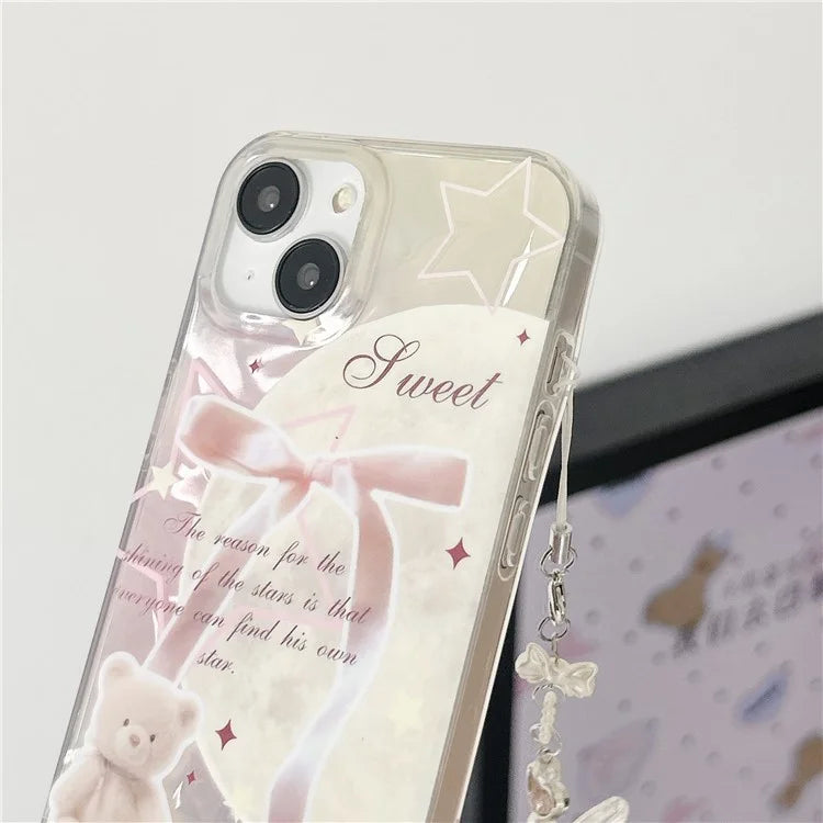 For iPhone 15 Case with Hand Strap Pattern Printing Laser Effect Soft TPU Phone Shell