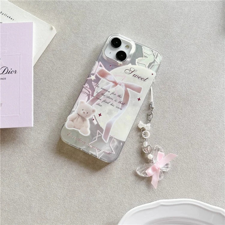 For iPhone 15 Case with Hand Strap Pattern Printing Laser Effect Soft TPU Phone Shell