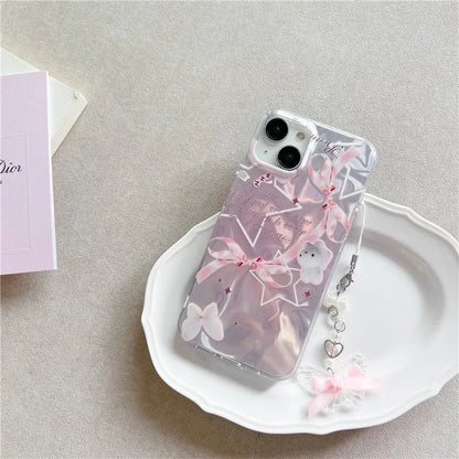 For iPhone 15 Case with Hand Strap Pattern Printing Laser Effect Soft TPU Phone Shell