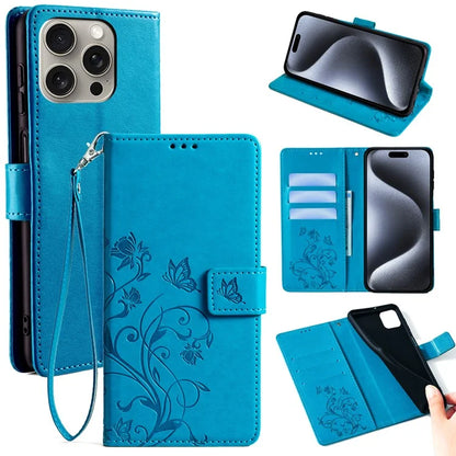 For iPhone 15 Pro Max Wallet Case Butterfly Flower Leather Phone Cover