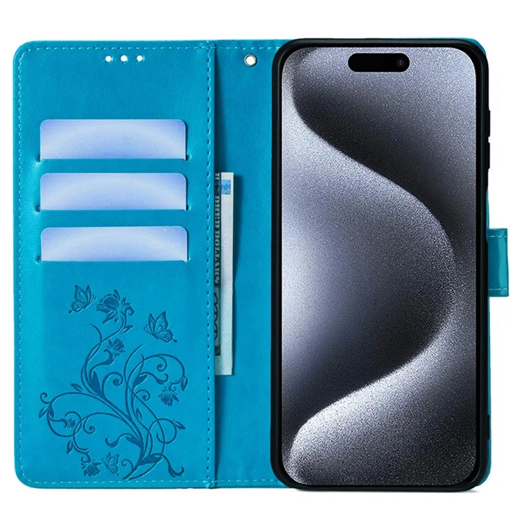 For iPhone 15 Pro Max Wallet Case Butterfly Flower Leather Phone Cover
