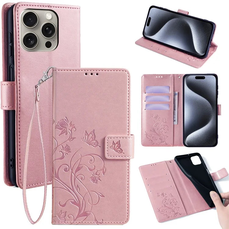 For iPhone 15 Pro Max Wallet Case Butterfly Flower Leather Phone Cover