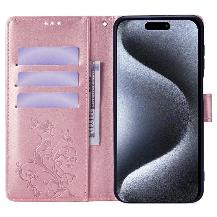 For iPhone 15 Pro Max Wallet Case Butterfly Flower Leather Phone Cover