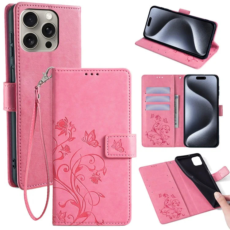 For iPhone 15 Pro Max Wallet Case Butterfly Flower Leather Phone Cover