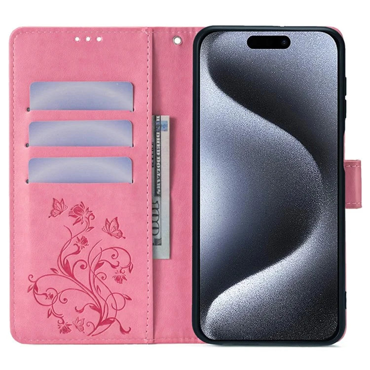 For iPhone 15 Pro Max Wallet Case Butterfly Flower Leather Phone Cover