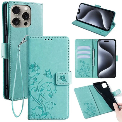 For iPhone 15 Pro Max Wallet Case Butterfly Flower Leather Phone Cover