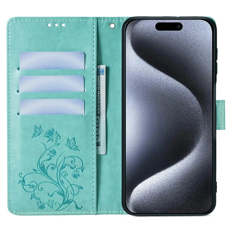 For iPhone 15 Pro Max Wallet Case Butterfly Flower Leather Phone Cover
