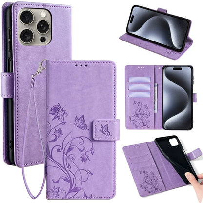 For iPhone 15 Pro Max Wallet Case Butterfly Flower Leather Phone Cover