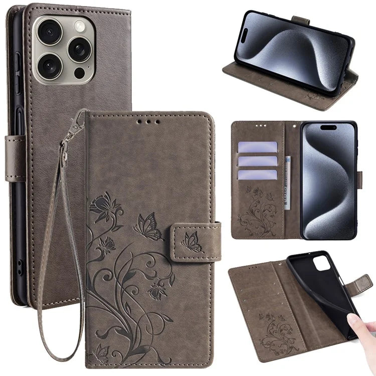 For iPhone 15 Pro Max Wallet Case Butterfly Flower Leather Phone Cover