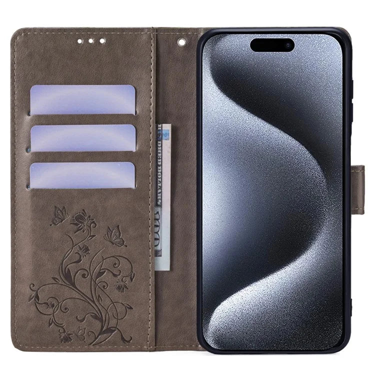 For iPhone 15 Pro Max Wallet Case Butterfly Flower Leather Phone Cover