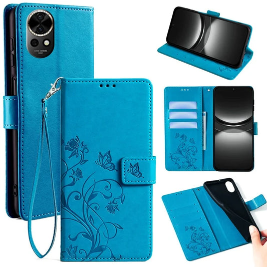 For Huawei nova 12 5G Cell Phone Case with Wrist Strap Butterfly Flower Imprinted Stand Cover
