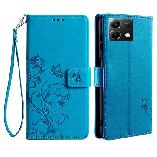 For Xiaomi Poco X6 5G Phone Cover with Wrist Strap PU Leather Stand Butterfly Flower Case