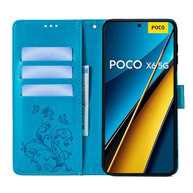 For Xiaomi Poco X6 5G Phone Cover with Wrist Strap PU Leather Stand Butterfly Flower Case