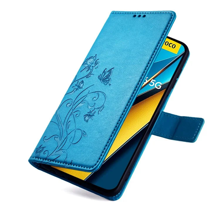 For Xiaomi Poco X6 5G Phone Cover with Wrist Strap PU Leather Stand Butterfly Flower Case