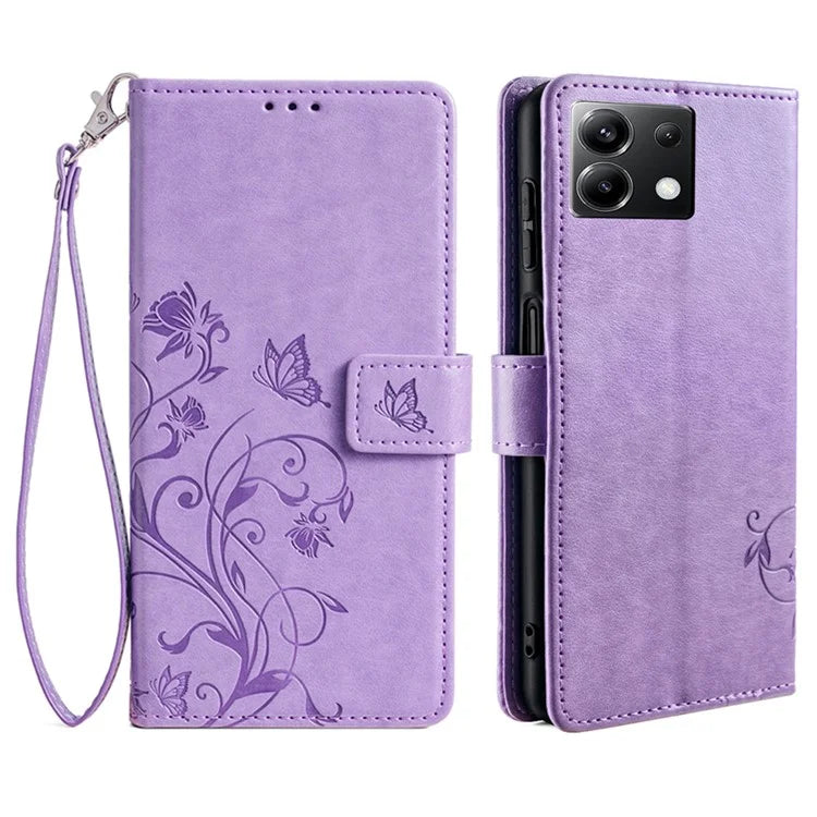 For Xiaomi Poco X6 5G Phone Cover with Wrist Strap PU Leather Stand Butterfly Flower Case